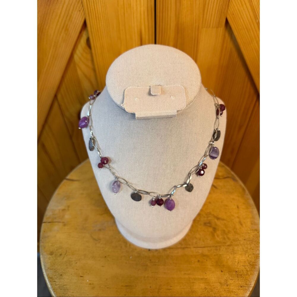 J. Jill Chiseled Construction necklace purple beads and silver tone charms (7865
